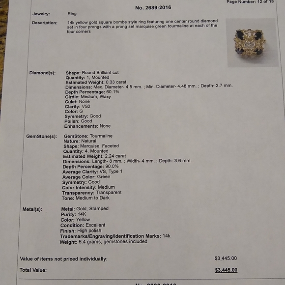 Green Tourmaline and diamond square Bombe style ring, 14kt yellow gold - Picture 9 of 10